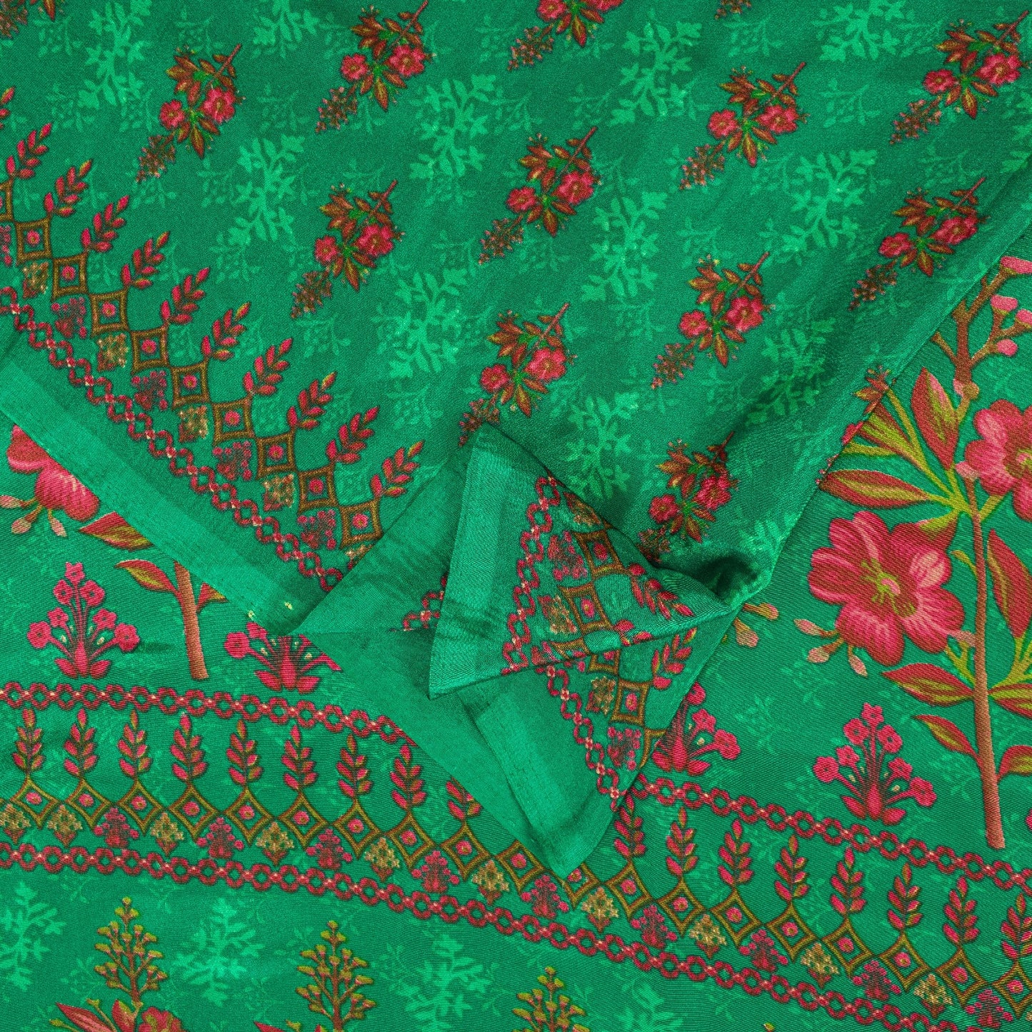 Sanskriti Vintage Sarees Green Moss Crepe Floral Printed Sari 6yd For Crafters