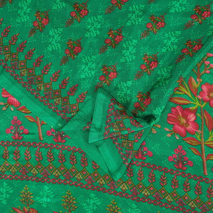 Sanskriti Vintage Sarees Green Moss Crepe Floral Printed Sari 6yd For Crafters