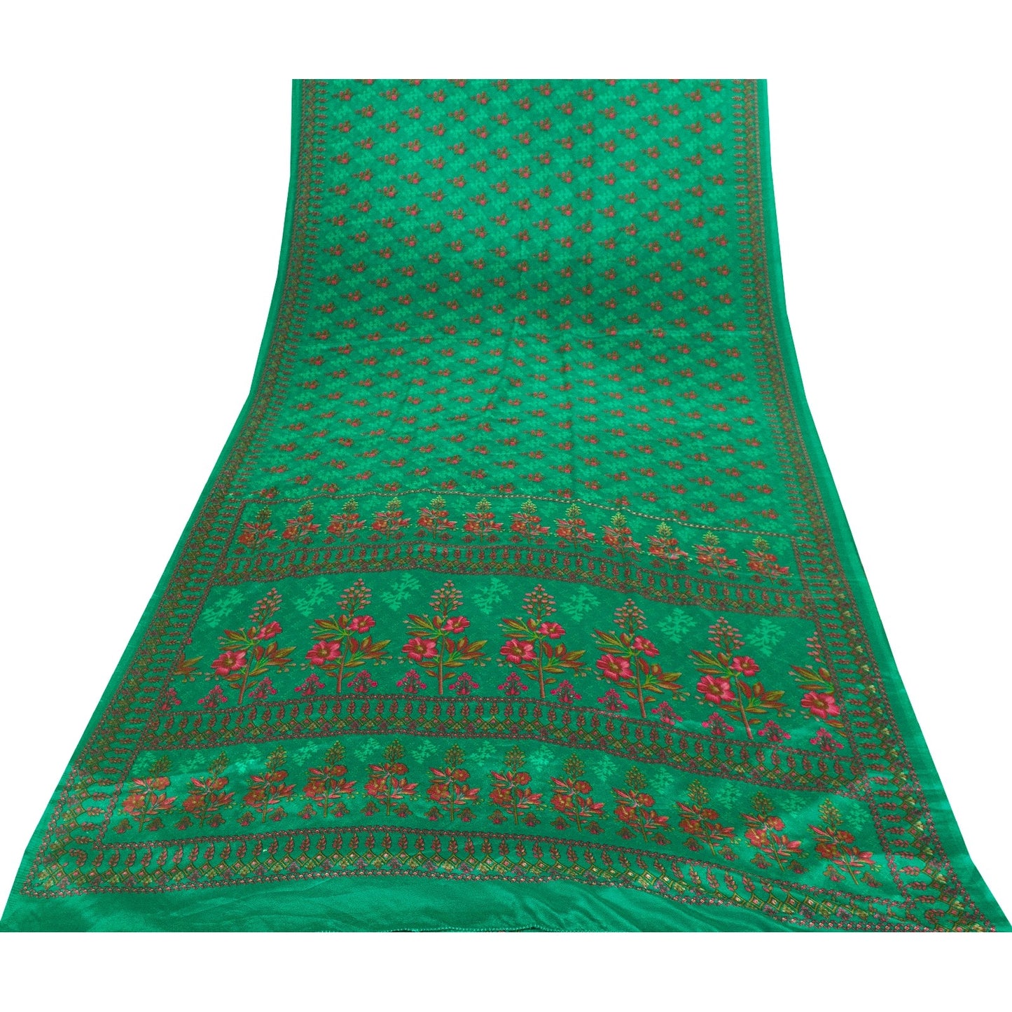 Sanskriti Vintage Sarees Green Moss Crepe Floral Printed Sari 6yd For Crafters