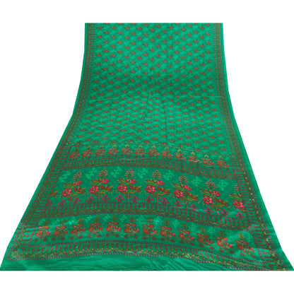 Sanskriti Vintage Sarees Green Moss Crepe Floral Printed Sari 6yd For Crafters