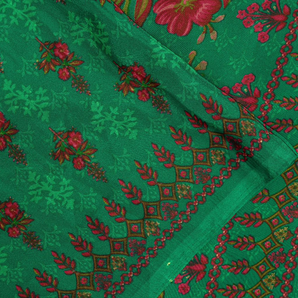 Sanskriti Vintage Sarees Green Moss Crepe Floral Printed Sari 6yd For Crafters