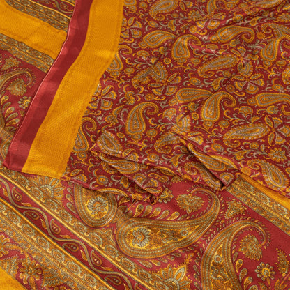 Sanskriti Vintage Sarees Yellow & Red Moss Crepe Paisley Print Quilts 6+yd Sari