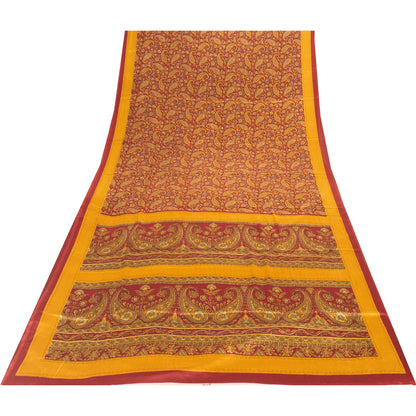 Sanskriti Vintage Sarees Yellow & Red Moss Crepe Paisley Print Quilts 6+yd Sari