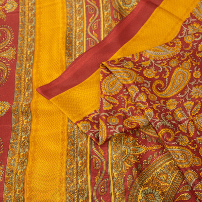 Sanskriti Vintage Sarees Yellow & Red Moss Crepe Paisley Print Quilts 6+yd Sari