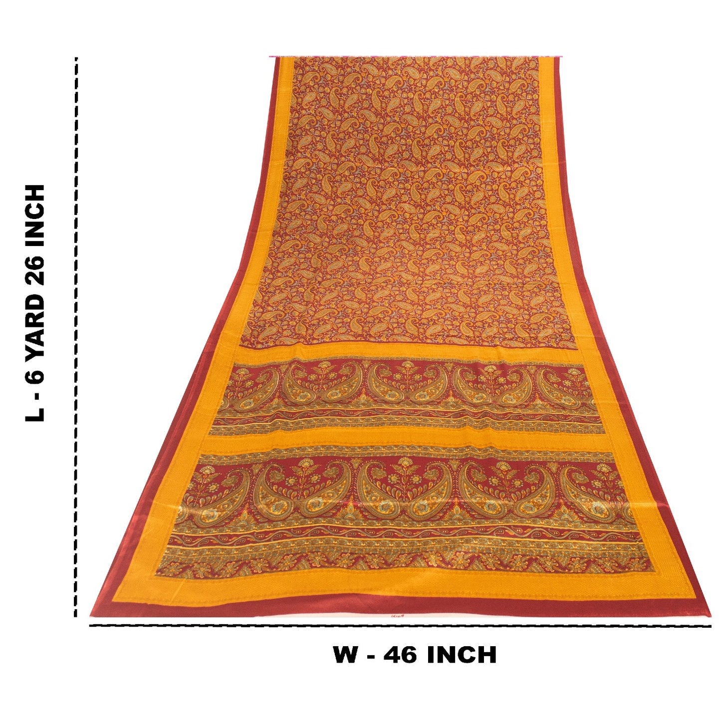 Sanskriti Vintage Sarees Yellow & Red Moss Crepe Paisley Print Quilts 6+yd Sari