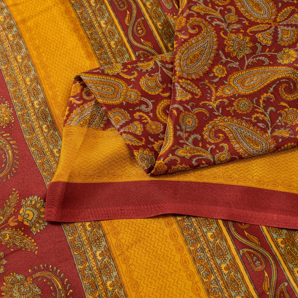 Sanskriti Vintage Sarees Yellow & Red Moss Crepe Paisley Print Quilts 6+yd Sari