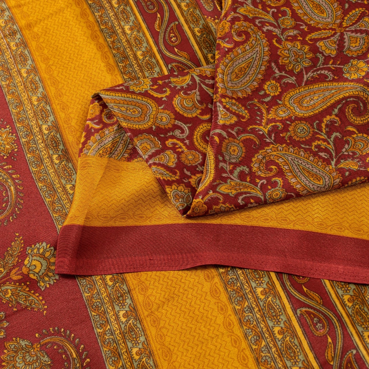 Sanskriti Vintage Sarees Yellow & Red Moss Crepe Paisley Print Quilts 6+yd Sari