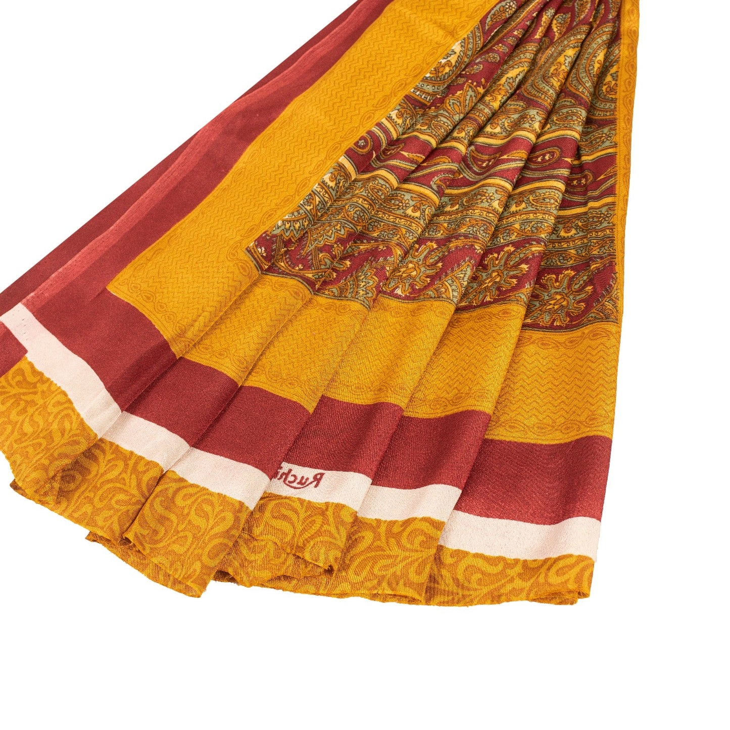 Sanskriti Vintage Sarees Yellow & Red Moss Crepe Paisley Print Quilts 6+yd Sari