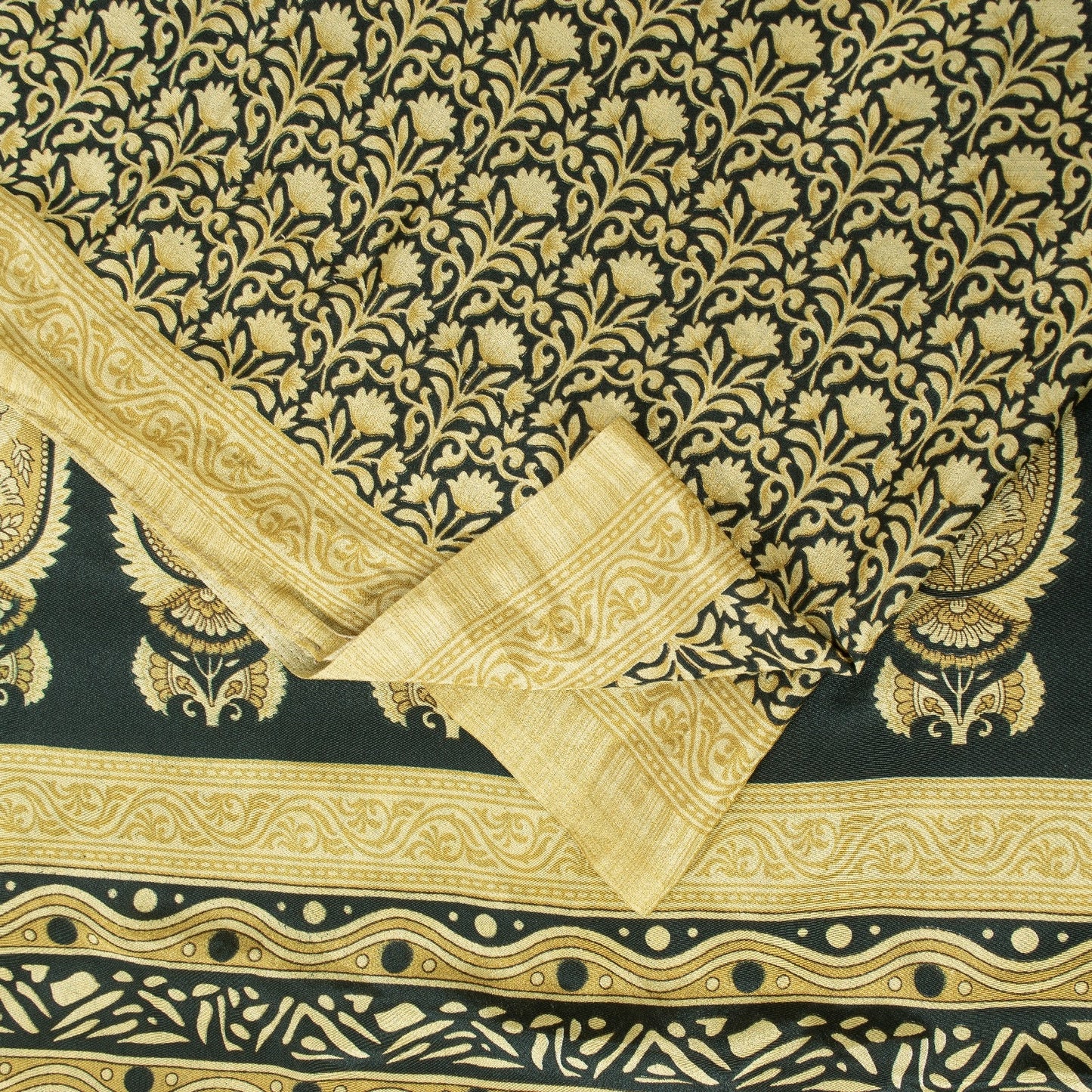 Sanskriti Vintage Sarees Black & Lemon Moss Crepe Floral Print Indian 5+yd Sari