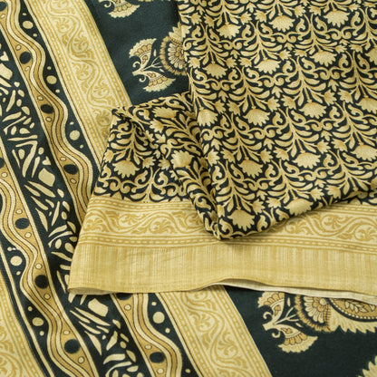 Sanskriti Vintage Sarees Black & Lemon Moss Crepe Floral Print Indian 5+yd Sari