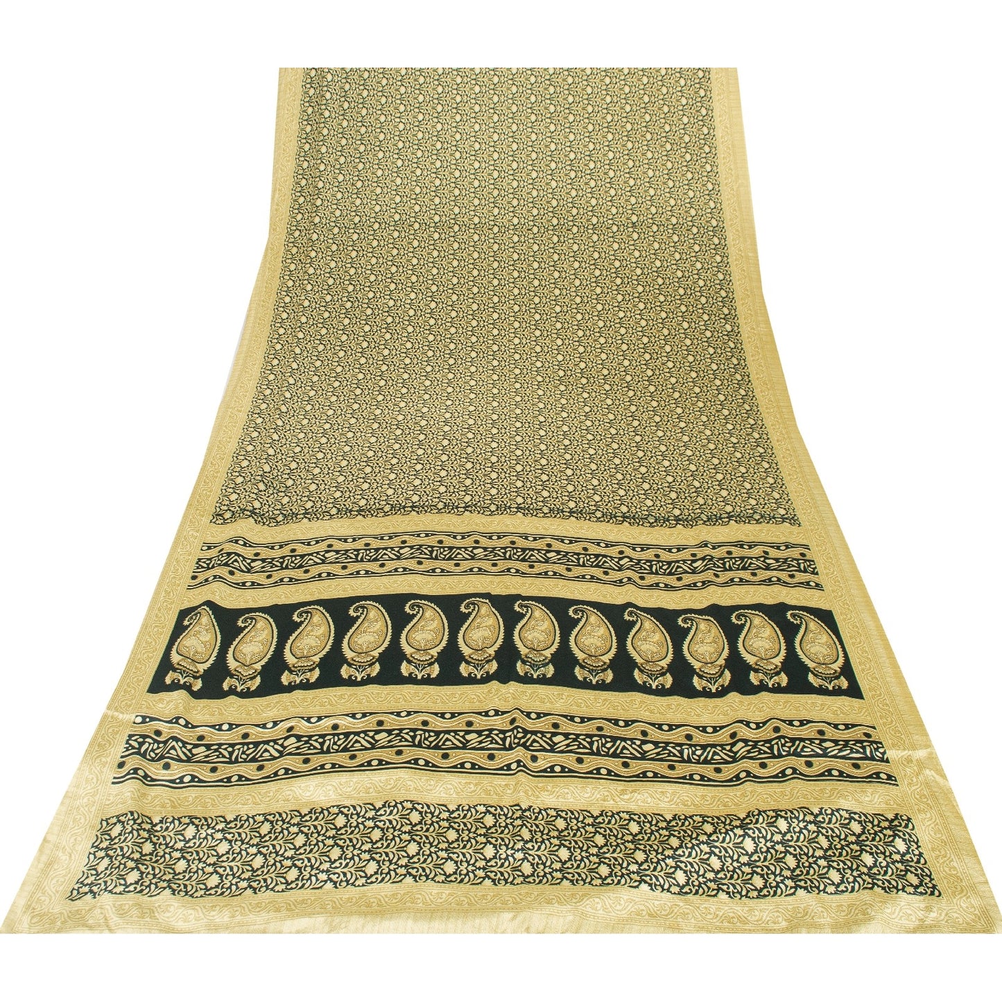 Sanskriti Vintage Sarees Black & Lemon Moss Crepe Floral Print Indian 5+yd Sari