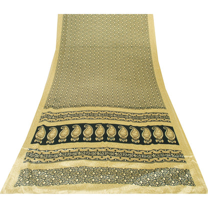 Sanskriti Vintage Sarees Black & Lemon Moss Crepe Floral Print Indian 5+yd Sari