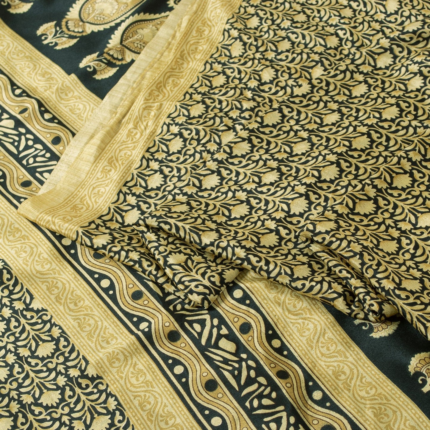 Sanskriti Vintage Sarees Black & Lemon Moss Crepe Floral Print Indian 5+yd Sari