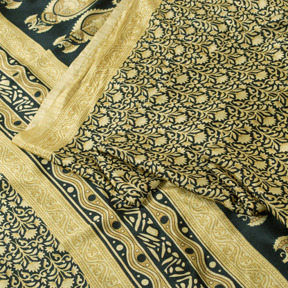 Sanskriti Vintage Sarees Black & Lemon Moss Crepe Floral Print Indian 5+yd Sari