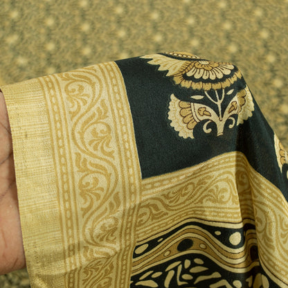 Sanskriti Vintage Sarees Black & Lemon Moss Crepe Floral Print Indian 5+yd Sari