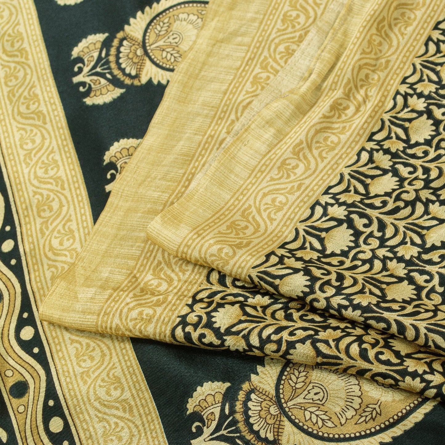 Sanskriti Vintage Sarees Black & Lemon Moss Crepe Floral Print Indian 5+yd Sari