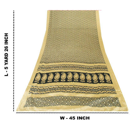 Sanskriti Vintage Sarees Black & Lemon Moss Crepe Floral Print Indian 5+yd Sari