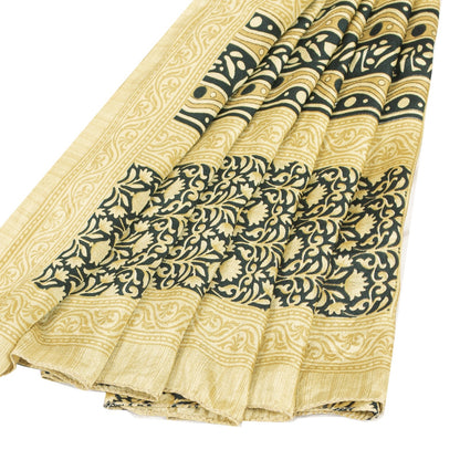 Sanskriti Vintage Sarees Black & Lemon Moss Crepe Floral Print Indian 5+yd Sari