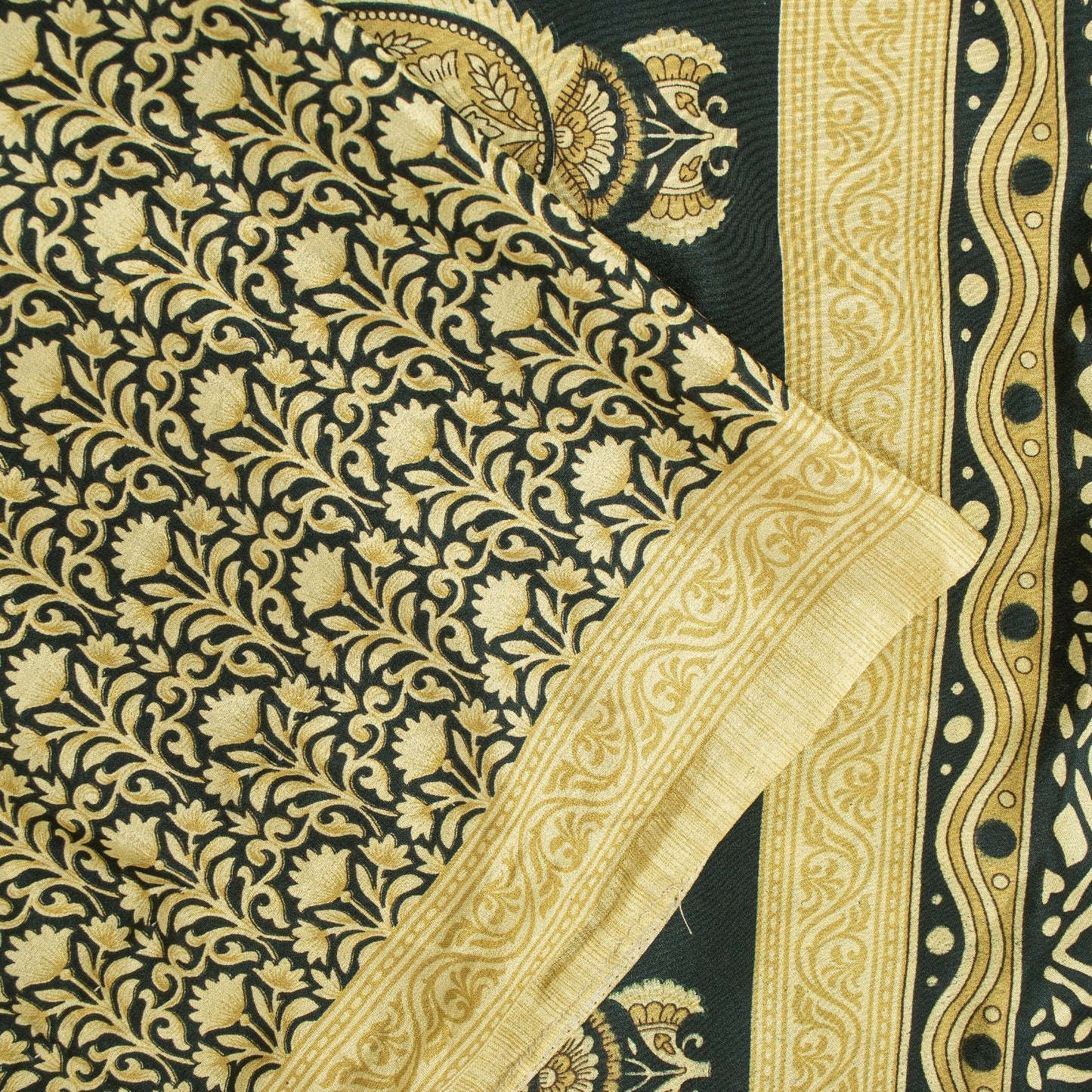 Sanskriti Vintage Sarees Black & Lemon Moss Crepe Floral Print Indian 5+yd Sari