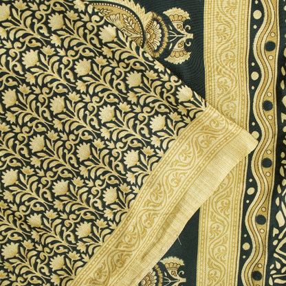 Sanskriti Vintage Sarees Black & Lemon Moss Crepe Floral Print Indian 5+yd Sari