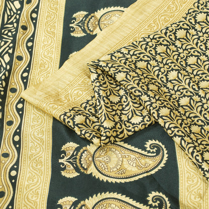 Sanskriti Vintage Sarees Black & Lemon Moss Crepe Floral Print Indian 5+yd Sari