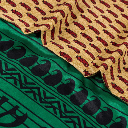 Sanskriti Vintage Saree Cream & Green 5.5+Yd Moss Crepe Saree Craft Supplies Paisley Printed Sari Uses-Crafts Sewing Patchwork Home Decor