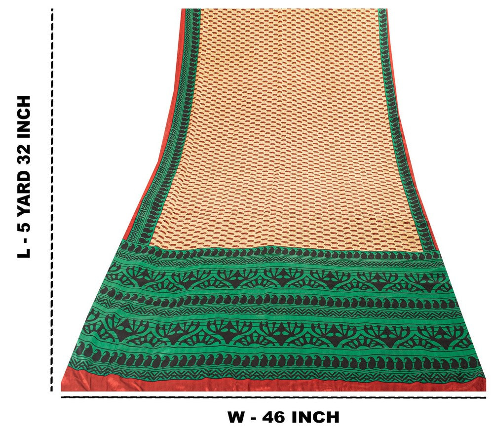 Sanskriti Vintage Saree Cream & Green 5.5+Yd Moss Crepe Saree Craft Supplies Paisley Printed Sari Uses-Crafts Sewing Patchwork Home Decor