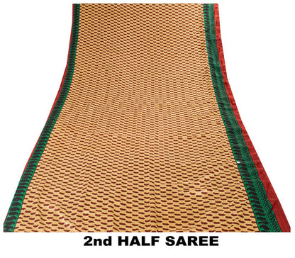 Sanskriti Vintage Saree Cream & Green 5.5+Yd Moss Crepe Saree Craft Supplies Paisley Printed Sari Uses-Crafts Sewing Patchwork Home Decor