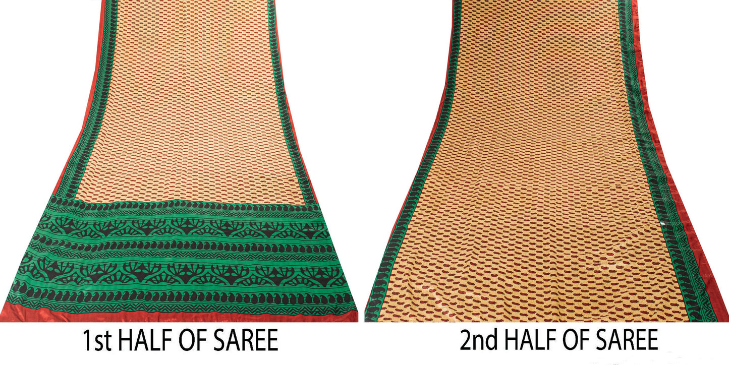 Sanskriti Vintage Saree Cream & Green 5.5+Yd Moss Crepe Saree Craft Supplies Paisley Printed Sari Uses-Crafts Sewing Patchwork Home Decor