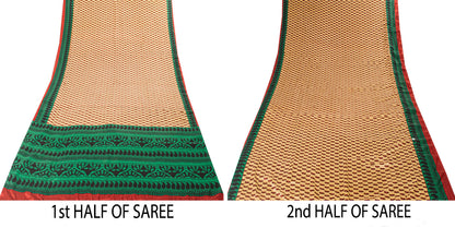 Sanskriti Vintage Saree Cream & Green 5.5+Yd Moss Crepe Saree Craft Supplies Paisley Printed Sari Uses-Crafts Sewing Patchwork Home Decor