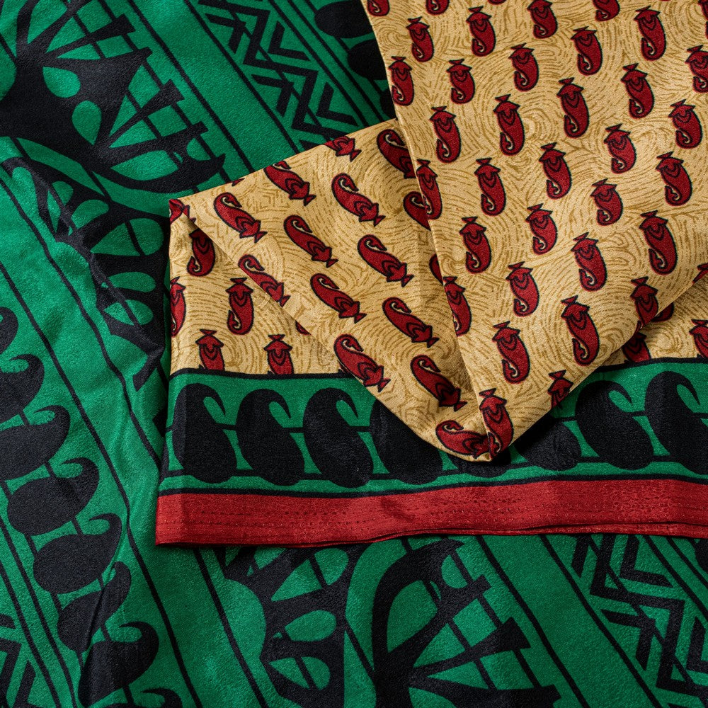 Sanskriti Vintage Saree Cream & Green 5.5+Yd Moss Crepe Saree Craft Supplies Paisley Printed Sari Uses-Crafts Sewing Patchwork Home Decor