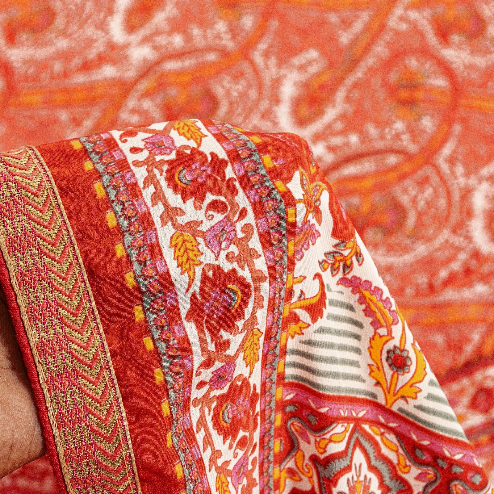 Sanskriti Vintage Craft Supplies Home Decor Red Sarees Floral Printed Moss Crepe