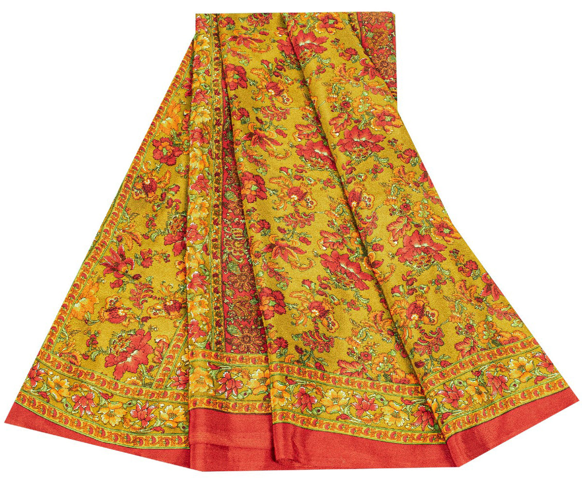 Sanskriti Vintage Craft Supplies Home Deco Green Floral Print 6YDSari Moss Crepe