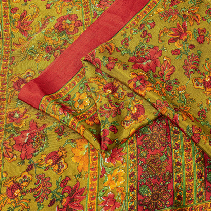 Sanskriti Vintage Craft Supplies Home Deco Green Floral Print 6YDSari Moss Crepe