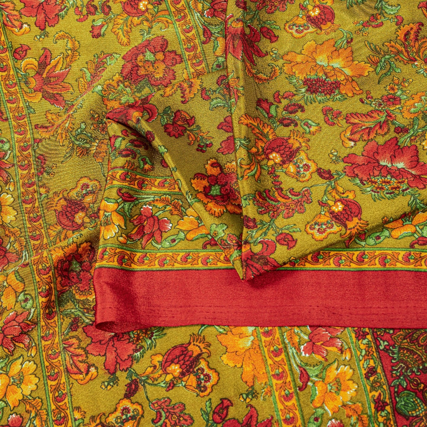 Sanskriti Vintage Craft Supplies Home Deco Green Floral Print 6YDSari Moss Crepe