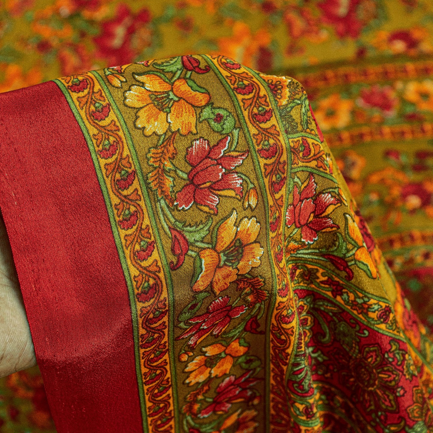 Sanskriti Vintage Craft Supplies Home Deco Green Floral Print 6YDSari Moss Crepe