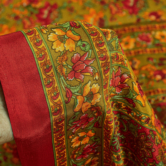 Sanskriti Vintage Craft Supplies Home Deco Green Floral Print 6YDSari Moss Crepe