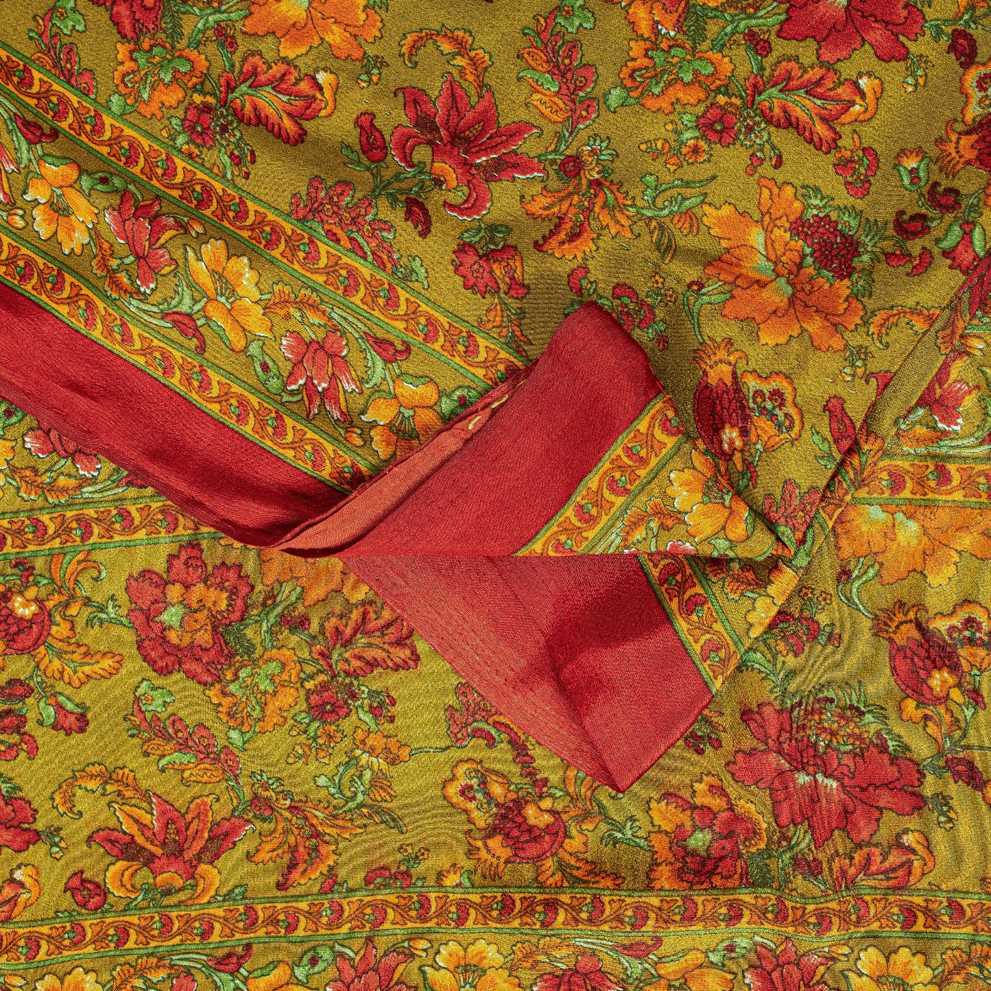 Sanskriti Vintage Craft Supplies Home Deco Green Floral Print 6YDSari Moss Crepe