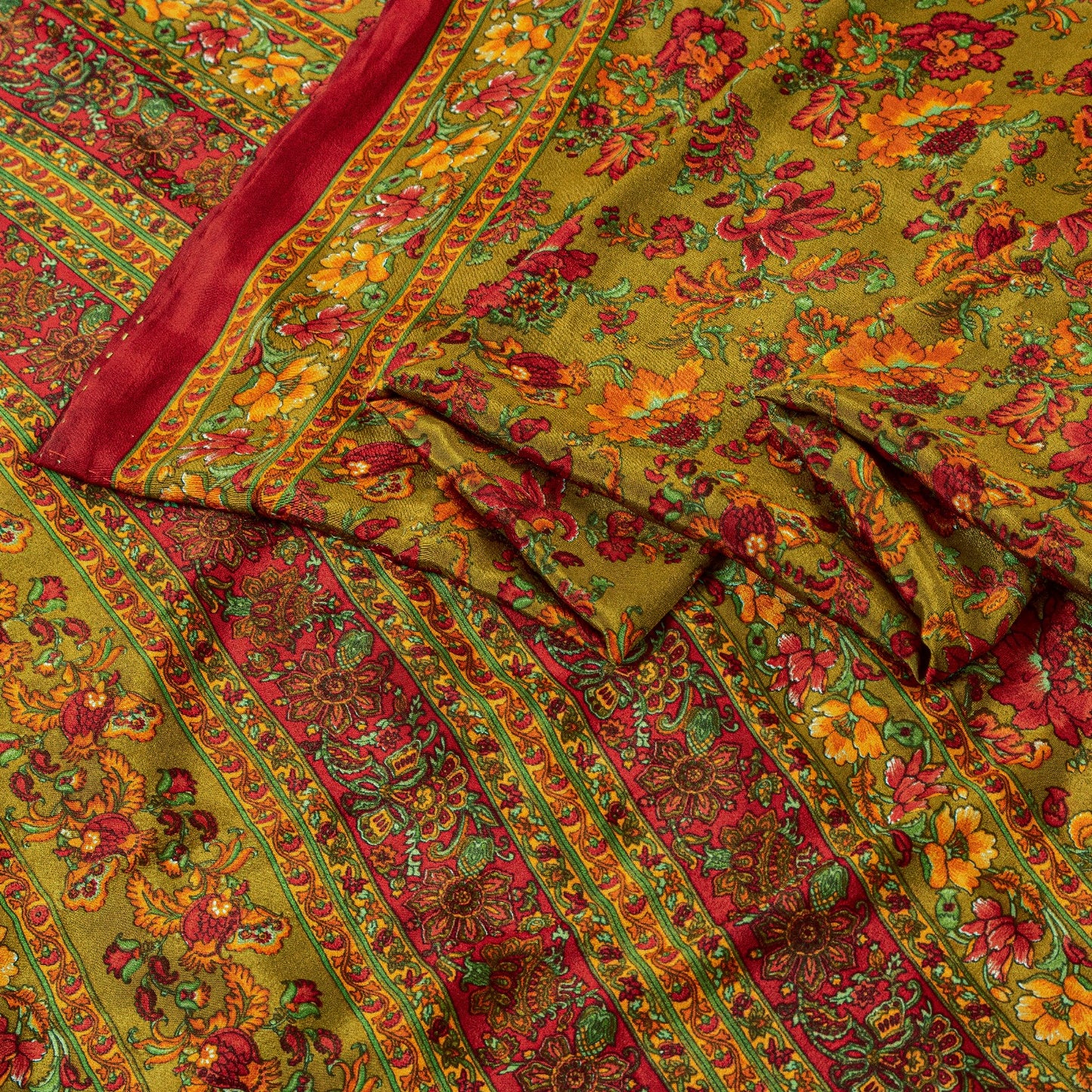 Sanskriti Vintage Craft Supplies Home Deco Green Floral Print 6YDSari Moss Crepe