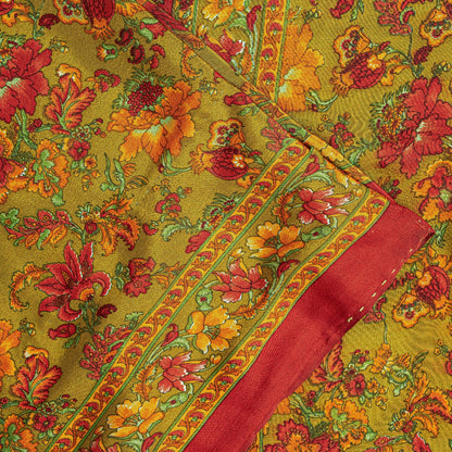 Sanskriti Vintage Craft Supplies Home Deco Green Floral Print 6YDSari Moss Crepe