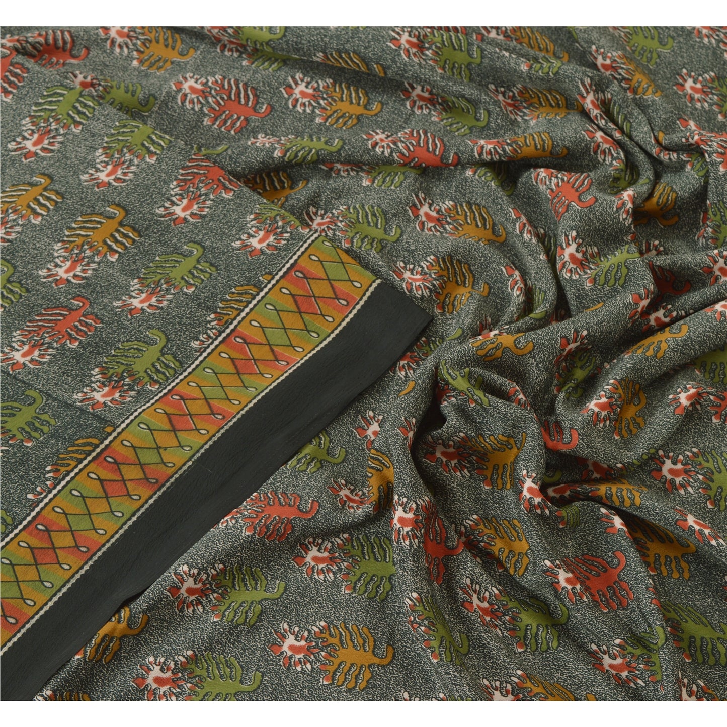 Sanskriti Vintage Black Sarees Moss Crepe Printed Sari 5 Yard Craft Soft Fabric