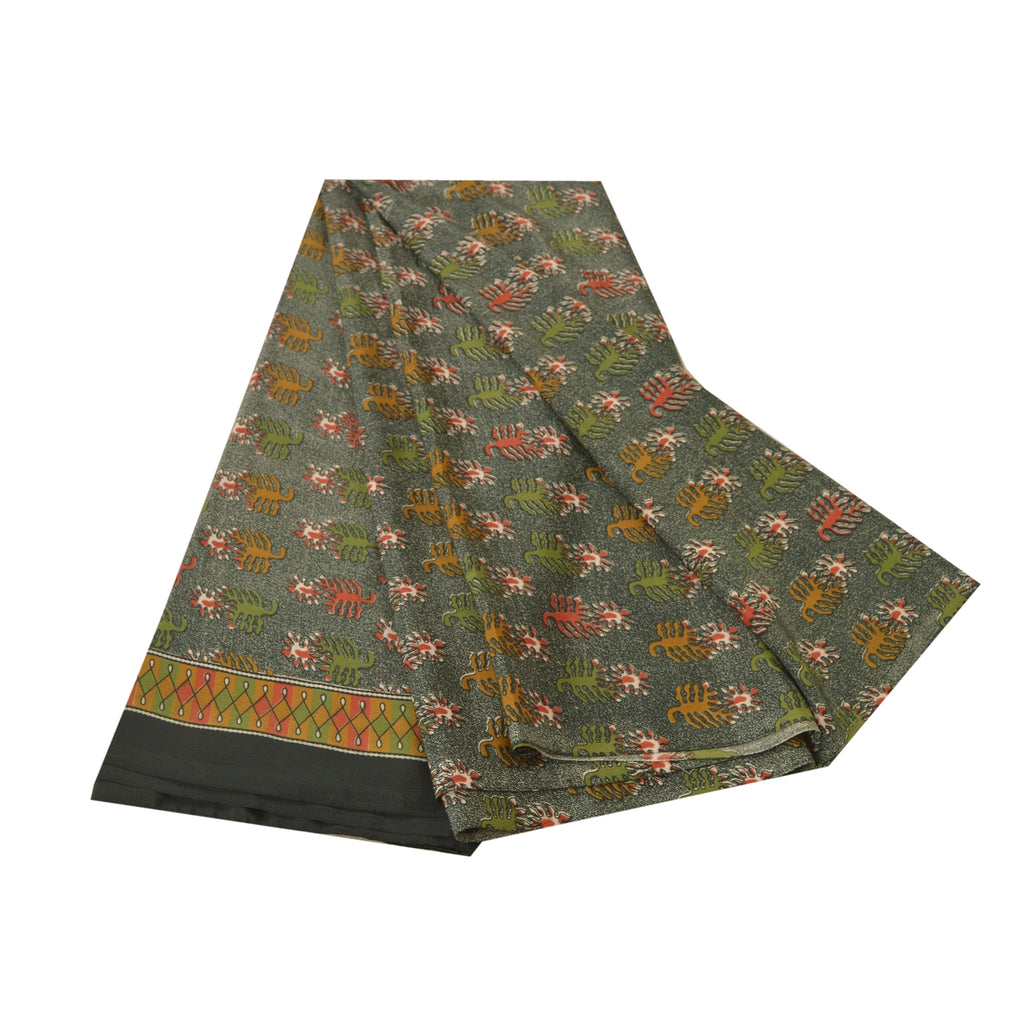 Sanskriti Vintage Black Sarees Moss Crepe Printed Sari 5 Yard Craft Soft Fabric