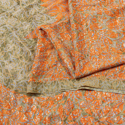 Sanskriti Vintage Sarees Orange Moss Crepe Floral Print 5+YD Sustainable Sari