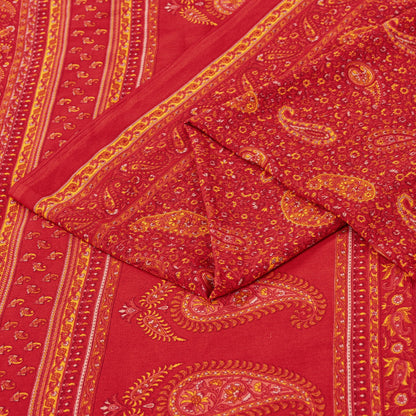 Sanskriti Vintage Sarees Red Moss Crepe Paisley Print 5+YD Indian Craft DecoSari
