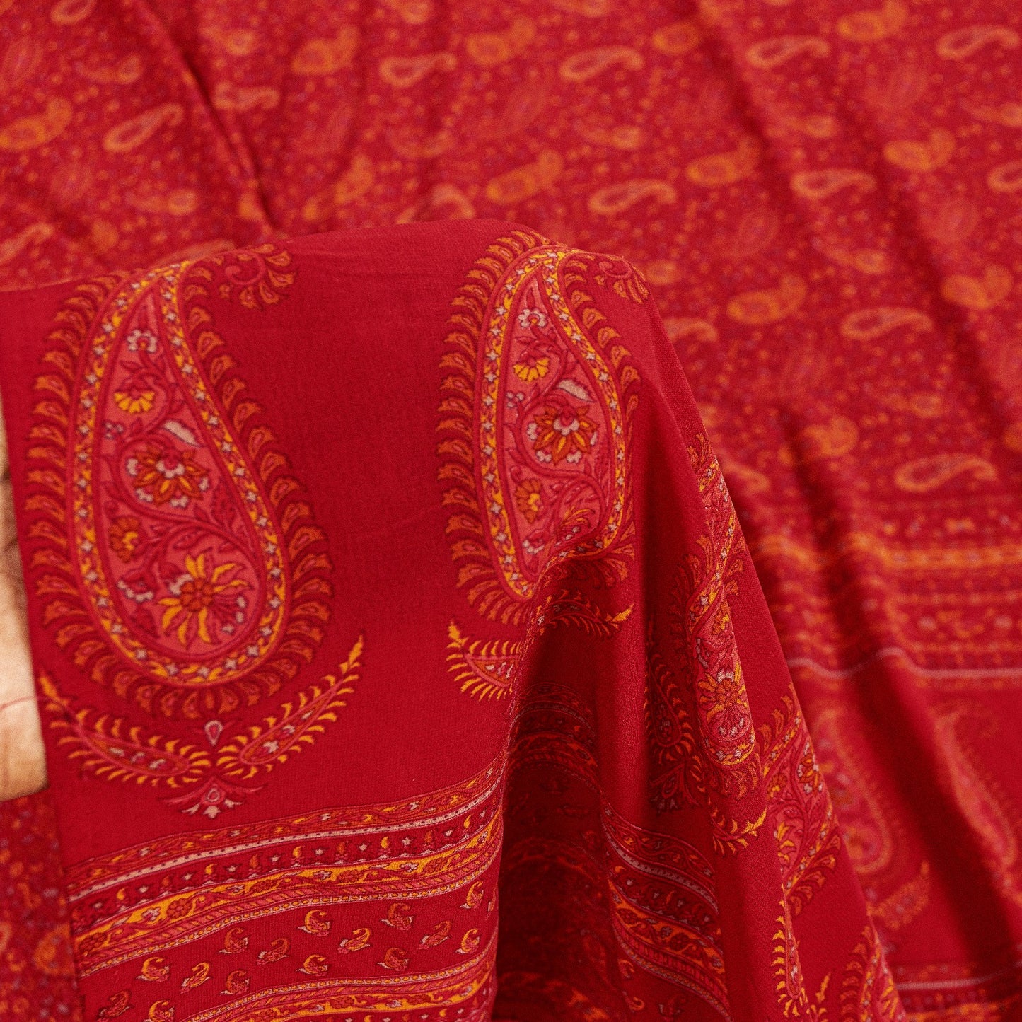 Sanskriti Vintage Sarees Red Moss Crepe Paisley Print 5+YD Indian Craft DecoSari