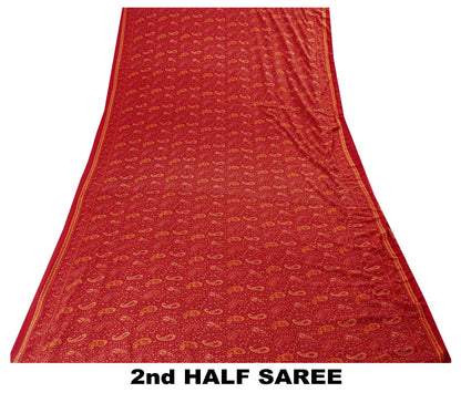 Sanskriti Vintage Sarees Red Moss Crepe Paisley Print 5+YD Indian Craft DecoSari