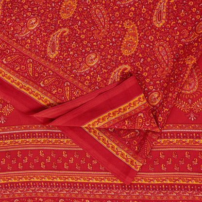 Sanskriti Vintage Sarees Red Moss Crepe Paisley Print 5+YD Indian Craft DecoSari