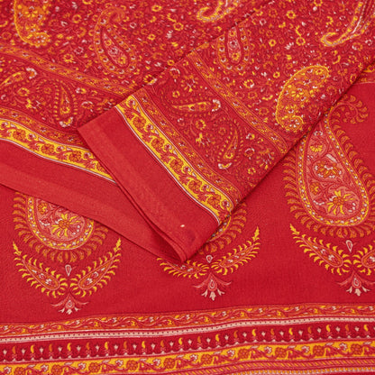 Sanskriti Vintage Sarees Red Moss Crepe Paisley Print 5+YD Indian Craft DecoSari
