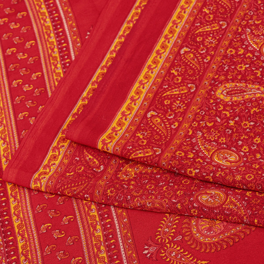 Sanskriti Vintage Sarees Red Moss Crepe Paisley Print 5+YD Indian Craft DecoSari