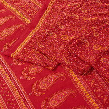 Sanskriti Vintage Sarees Red Moss Crepe Paisley Print 5+YD Indian Craft DecoSari